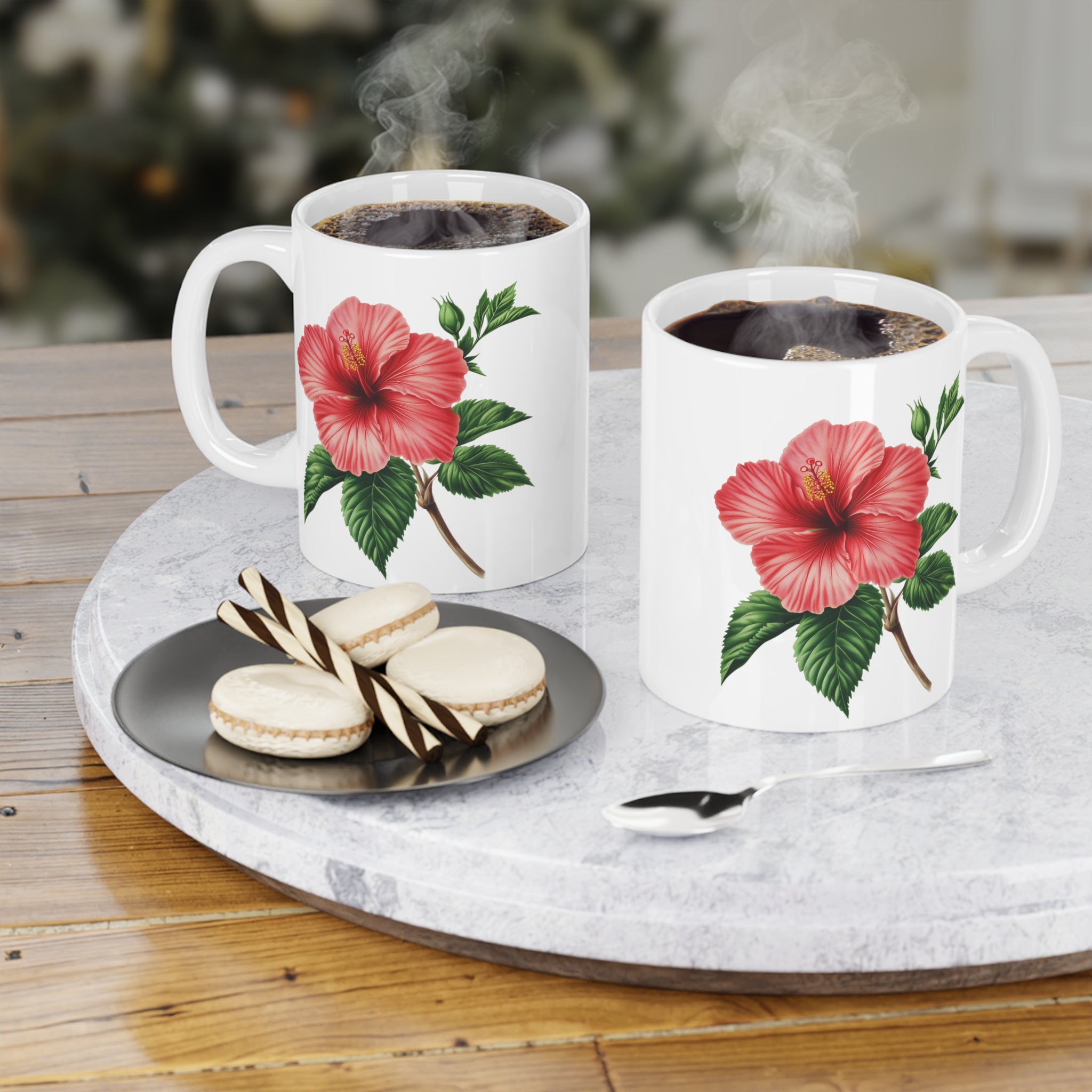 Hibiscus Floral Ceramic Mug — Tropical Botanical Coffee Cup (11/15/20oz)